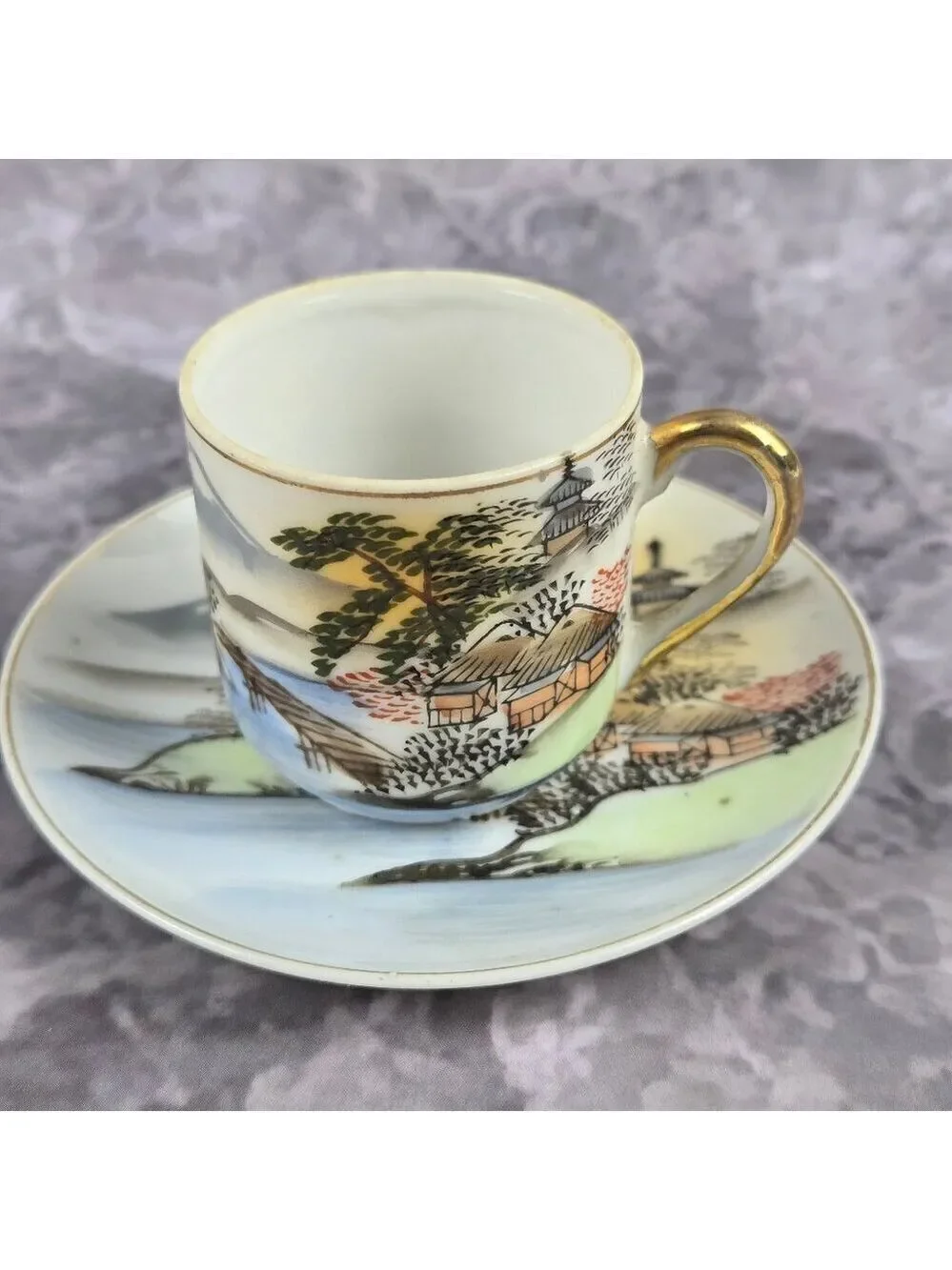 Vintage Demitasse Tea Cup Saucer Hand Painted Occupied Japan Mountain Village